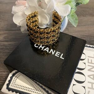 CHANEL Vintage Gold Plated & Leather Cuff Bracelet